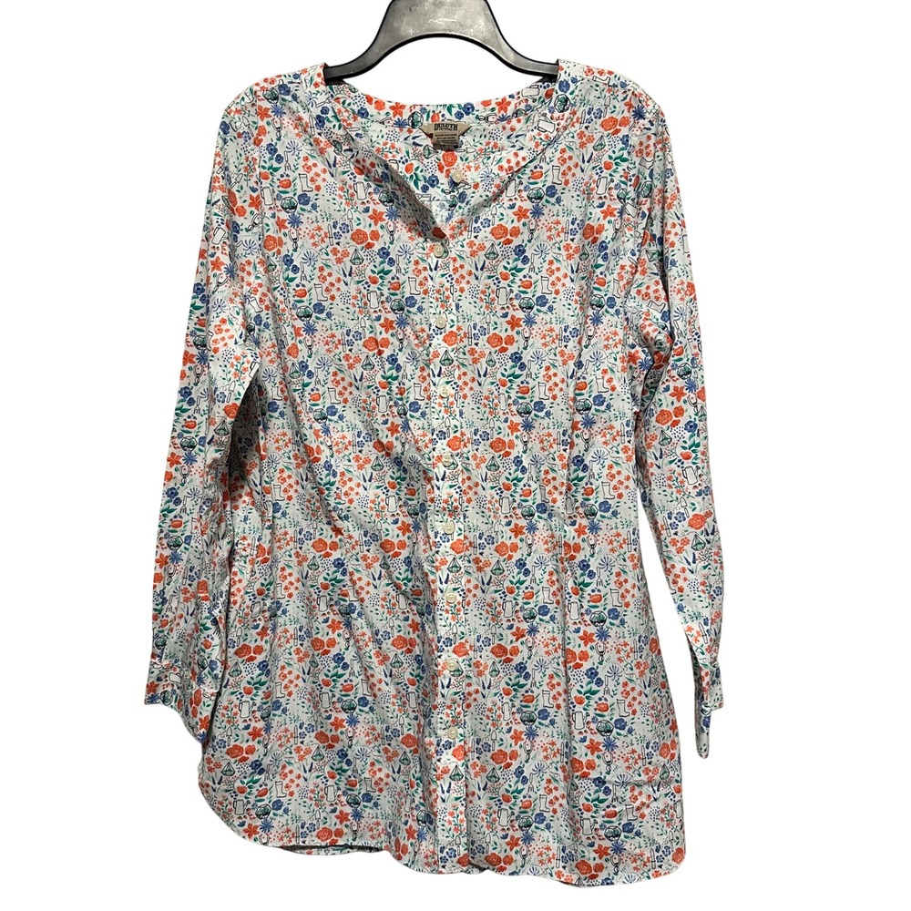 Duluth Trading Co XL Garden Floral Print Button Down Tunic Shirt White 89813
